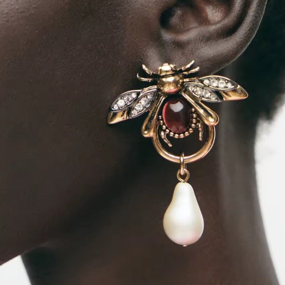 Queen bee Gold and Red Bee Drop Earrings